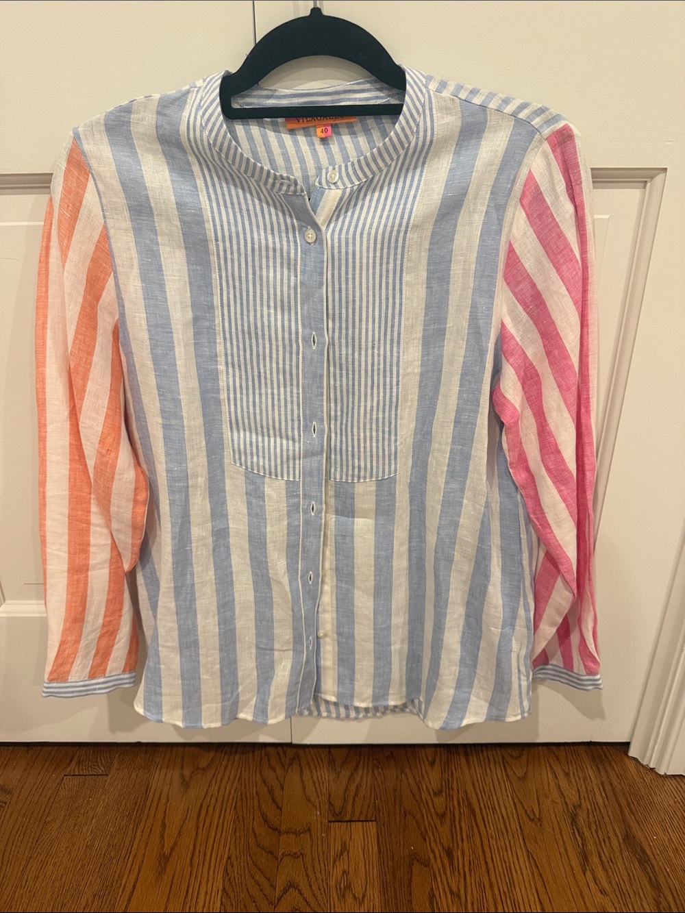 Striped Multicolor Button-Up Women’s Top - Blue, Pink & Orange